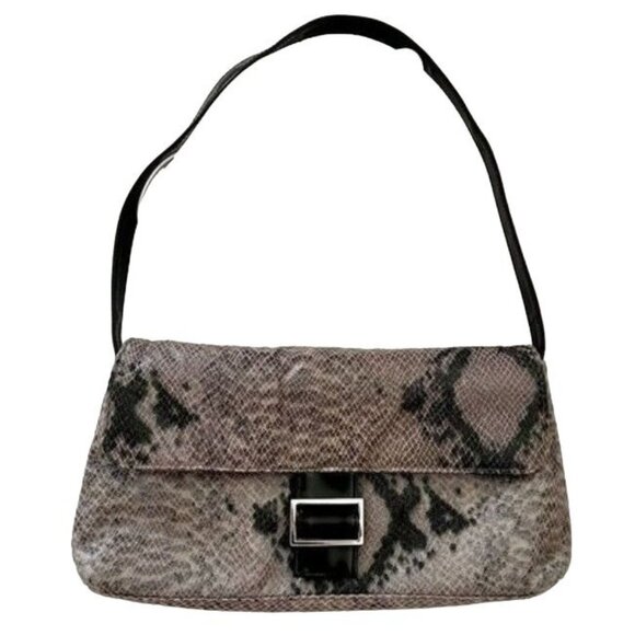 Faux Snakeskin Shoulder Bag Gray Black Patent Buckle Flap Y2K Style - Picture 13 of 13